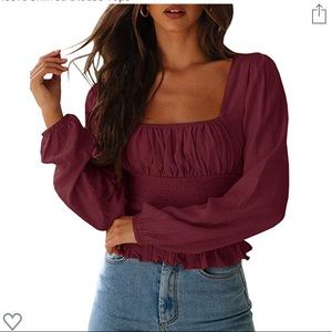 Burgundy top with box neckline and stretch waist